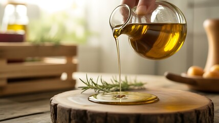 Olive oil being poured onto rosemary for culinary preparation and healthy cooking