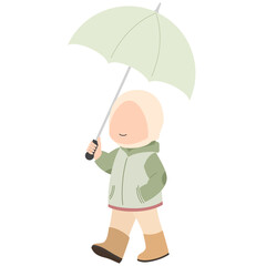 Hand drawn illustration during the rainy season with a girl wearing a raincoat and holding an umbrella