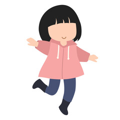 Hand drawn illustration during the rainy season with a girl wearing a raincoat and holding an umbrella