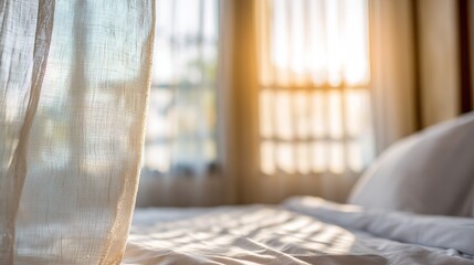 朝日が差し込む静かなホテルのベッドルーム。きちんと整えられたベッドと薄いカーテンが特徴です。