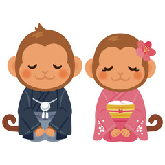 晴れ姿の申年のキャラクター　男女　お辞儀