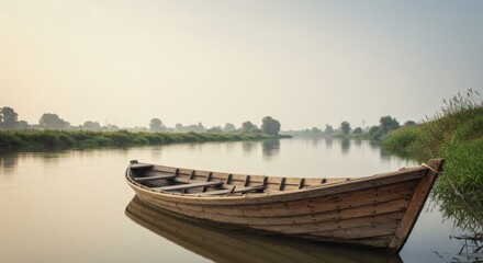 Obraz premium Serene waters, A vintage wooden boat resting peacefully on a calm river