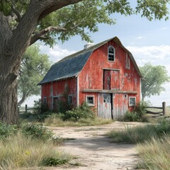 Obraz premium A red barn with weathered paint is situated under a large tree, surrounded by grass and a dirt road, showcasing a rural scene.