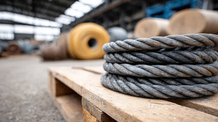 Fototapeta premium Coiled industrial rope on a pallet in a warehouse setting.