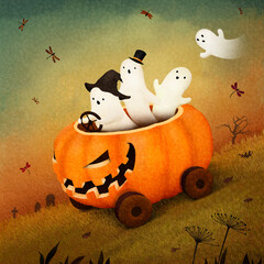 Greeting card or poster with funny cute ghosts racing in a pumpkin for Halloween. 