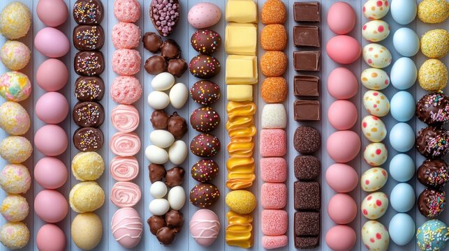 Many different types of chocolates and candys on the table easter treats  food background