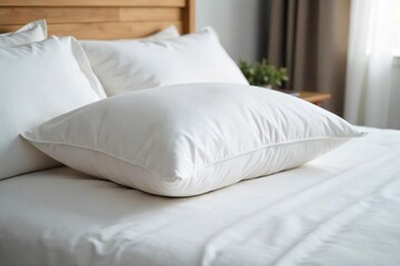 Soft, fluffy white pillow resting on a crisp white linen bedsheet, ready for a peaceful night's sleep  Perfect for relaxation, comfort, and home decor imagery ,  fresh,  dream