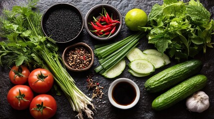 アジア料理の食材を新鮮なハーブやスパイスとともに素朴な石の上に美しく盛り付けました。