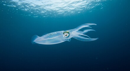 Majestic squid gracefully swimming under sunlit ocean surface, underwater view
