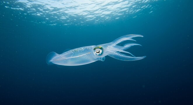 Majestic squid gracefully swimming under sunlit ocean surface, underwater view