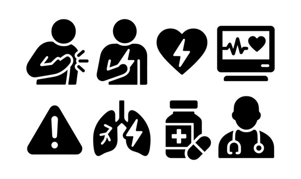Heart attack symptoms and treatment icons in black silhouette style