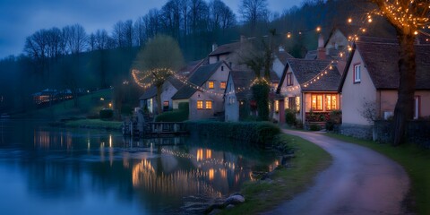 Cozy cottage lit up at dusk reflecting in calm water serene evening