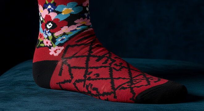 Colorful floral patterned sock with red and black geometric design on heel and toe sitting on dark blue fabric surface