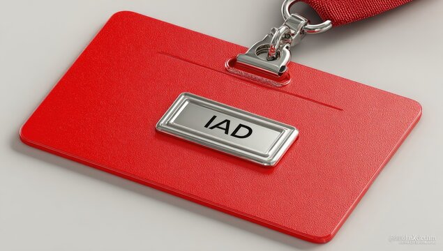 Red ID badge with silver lettering