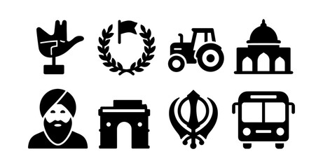 Bold black silhouette icons: transportation, architecture, culture, agriculture
