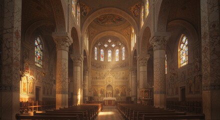 Obraz premium Architectural grandeur, interior view of a majestic church with stained glass windows
