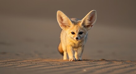 Fototapeta premium Adorable fennec fox with its distinctive large ears in the desert at sunrise
