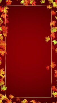 colorful autumn border frame with maple leaves on dark red animation, leaf thanksgiving and Halloween copy space vertical social media motion background	