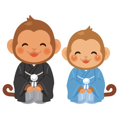 ストックイラスト　雛形晴れ姿で笑顔な申年のキャラクター　親子