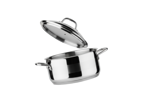Gleaming, angled stainless steel cooking pot with ergonomic handles and a floating lid, on a transparent studio background with copy space and soft shadows, commercial kitchenware concept.