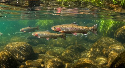 Underwater View of Rainbow Trout Swimming Freely in a Rocky Riverbed