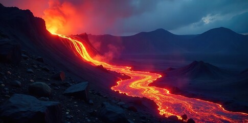 Fiery river of molten rock flows down a volcanic slope, glowing intensely against the dark night sky A powerful display of nature's destructive beauty , intense, landscape, volcanic eruption
