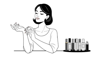 Elegant young woman applying perfume to her wrist from a small compact mirror with a collection of perfume bottles in the background black and white sketch illustration
