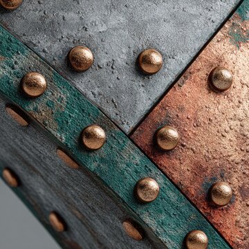 Close-up of a metallic box with distressed, layered surfaces, punctuated by brass-colored rivets