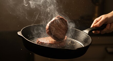 Sizzling steak, Pan-seared beef fillets with flavorful smoke and aromatic spices