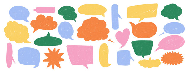 Doodle crayon speech bubbles set. Hand drawn comic dialog and thought balloons. Vector frames for text and communication.