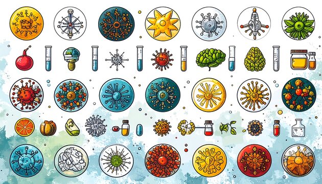 Colorful scientific illustration of various microbes and lab equipment
