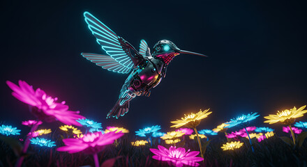 Obraz premium Hummingbird with glowing neon wings hovering above colorful illuminated flowers in a dark fantasy inspired scene with vibrant neon colors and magical glowing effects