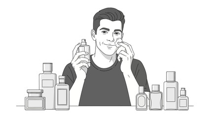 Young man applying facial serum or moisturizer to his face with clean hands surrounded by various skincare bottles and products