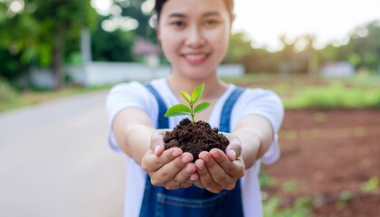 Person holding small green plant seedling in hands with soil, blurred natural background