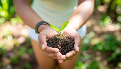 Person holding small green plant seedling in hands with soil, blurred natural background