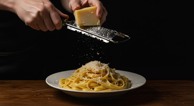 Hands grating cheese over a plate of cooked pasta on a wooden table with dark background and freshly grated cheese falling onto the pasta