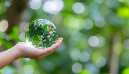 Close-up of hands holding a transparent globe with green forest reflection, concept of sustainability and environment