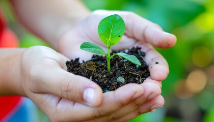 Close-up of human hands gently holding a small green plant with soil, blurred natural background