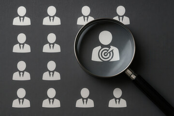 Recruitment process and employee selection concept showing magnifying glass focusing on candidate icon with target symbol among group of applicants