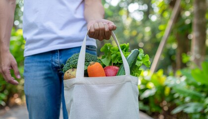 Person using reusable eco-friendly shopping bag filled with vegetables and fruits