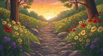 Stone Path Through Colorful Wildflower Meadow at Sunset Cartoon Illustration