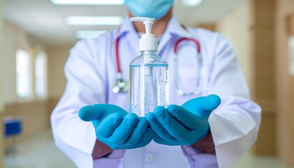 Doctor in medical gloves holding a bottle of hand sanitizer, hospital background blur