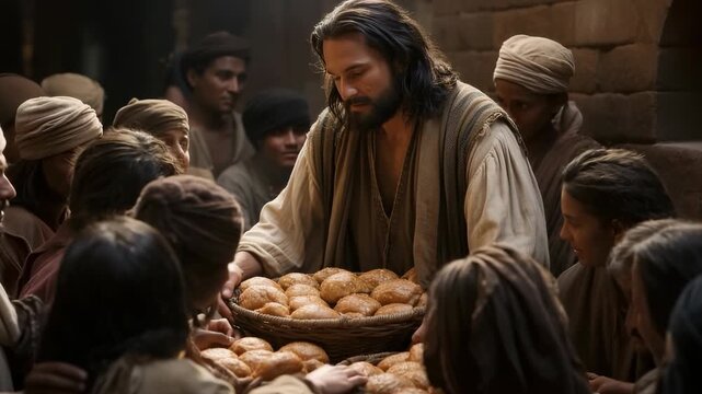 Gospel offering: Christ feeds famished soul with sacred bread, expressing divine love, biblical compassion, theological mercy, holy guidance, faithful deed, scripture truth, religious moment,