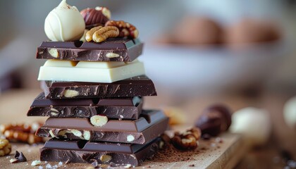 Stack of assorted gourmet chocolates with nuts and truffles on wooden board