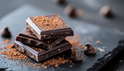 Organic dark chocolate pieces with cocoa powder on black slate, healthy superfood concept