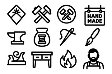 Obraz premium Crafting icons: tools and handmade symbol collection in line art style