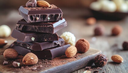 Luxury artisan dark chocolate pieces with cocoa powder on black slate, elegant advertising concept