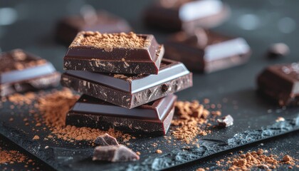 Premium chocolate pieces with cocoa powder dusted on black slate background, moody dramatic style