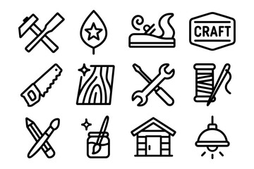 Obraz premium Handcrafted icons set featuring tools, craftsmanship symbols, and diy elements in bold outline style