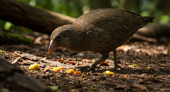 Enigmatic weka in new zealand forest foraging for food on forest floor